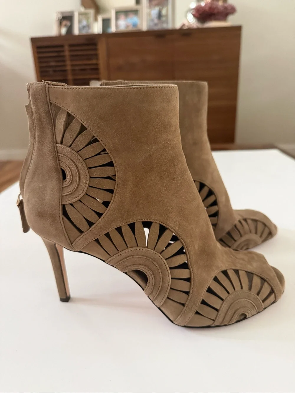 Tory Burch Taupe Suede Leyla Cutout Peep-Toe Booties 10